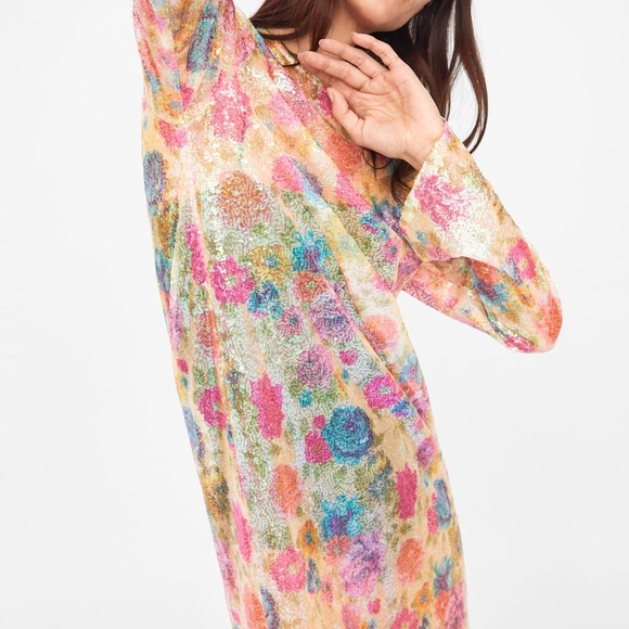 NWT ZARA PRINT SEQUIN BLOGGER SUMMER SHEER DRESS - Picture 4 of 8